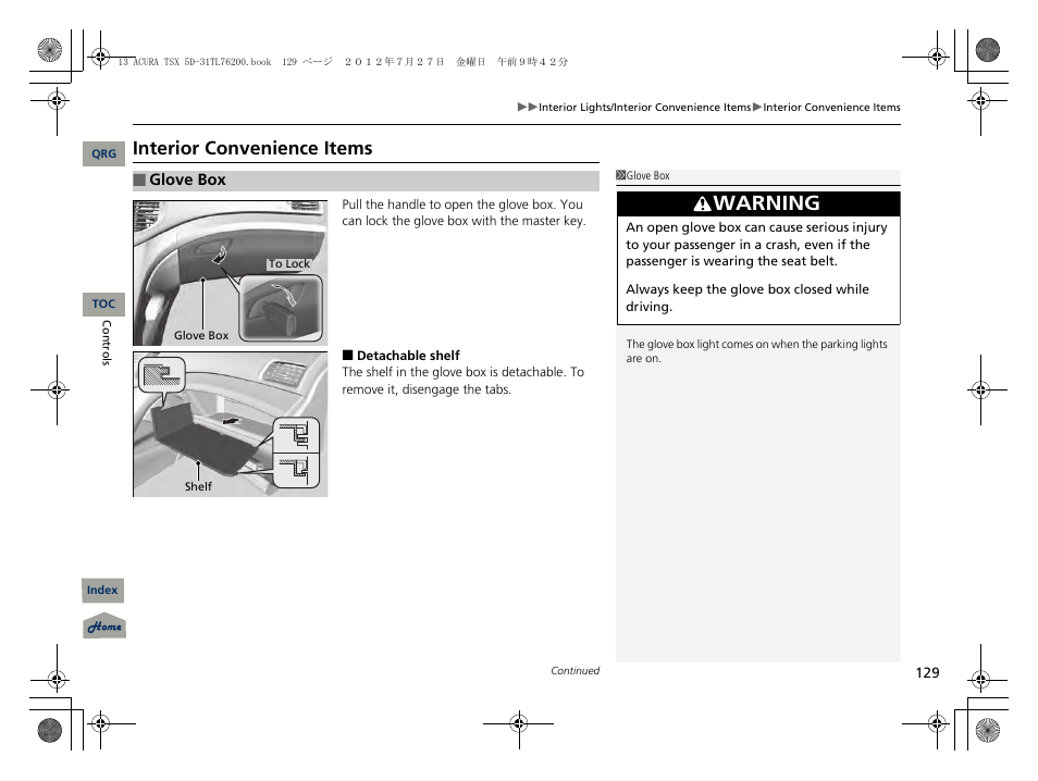 Interior convenience items, P129), Warning | Acura 2013 TSX Sport Wagon User Manual | Page 130 / 329