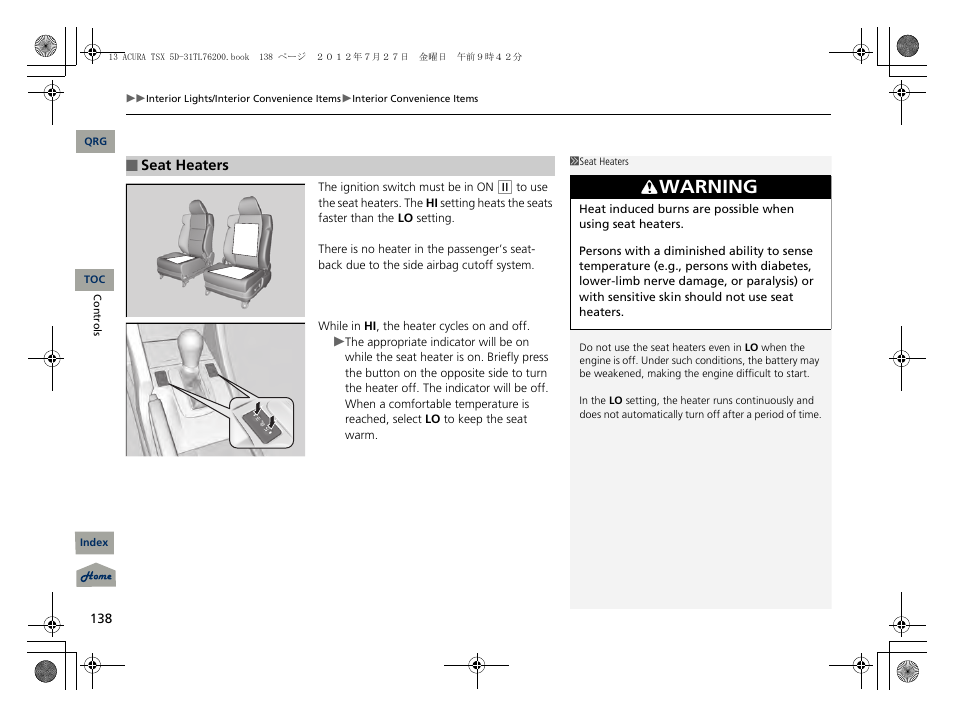P138), Warning | Acura 2013 TSX Sport Wagon User Manual | Page 139 / 329