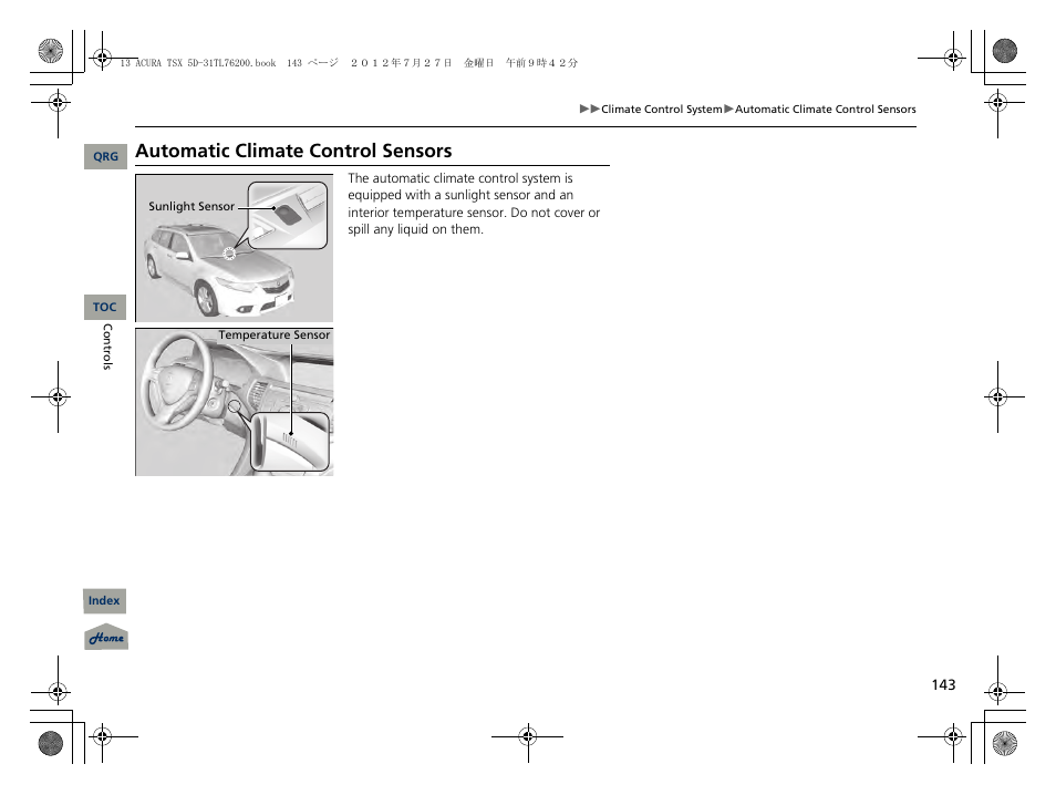 Automatic climate control sensors | Acura 2013 TSX Sport Wagon User Manual | Page 144 / 329