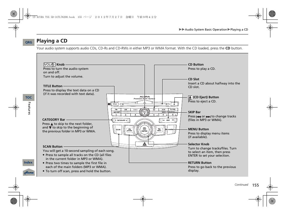 Playing a cd | Acura 2013 TSX Sport Wagon User Manual | Page 156 / 329