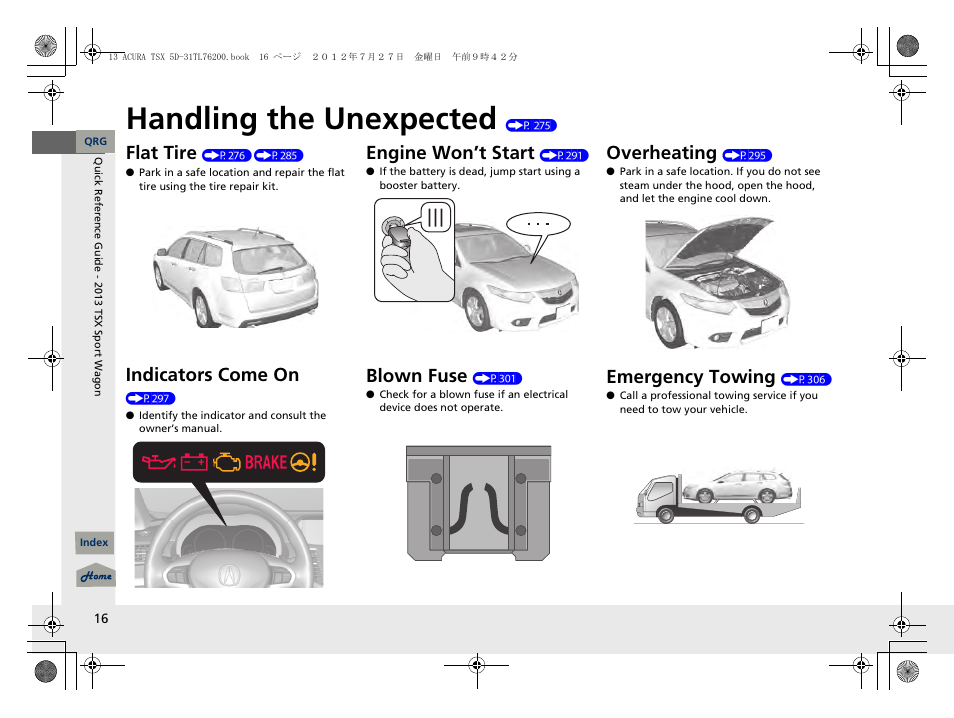 Handling the unexpected (p 275), Handling the unexpected, Flat tire | Indicators come on, Engine won’t start, Blown fuse, Overhea ting, Emergency towing | Acura 2013 TSX Sport Wagon User Manual | Page 17 / 329