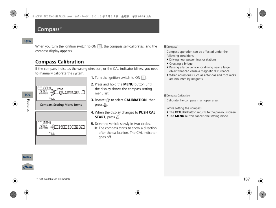 Compass, P. 187, Compass calibration | Acura 2013 TSX Sport Wagon User Manual | Page 188 / 329
