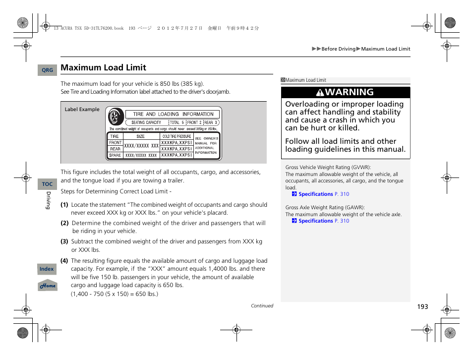 Maximum load limit, 2 maximum load limit p. 193, Warning | Acura 2013 TSX Sport Wagon User Manual | Page 194 / 329