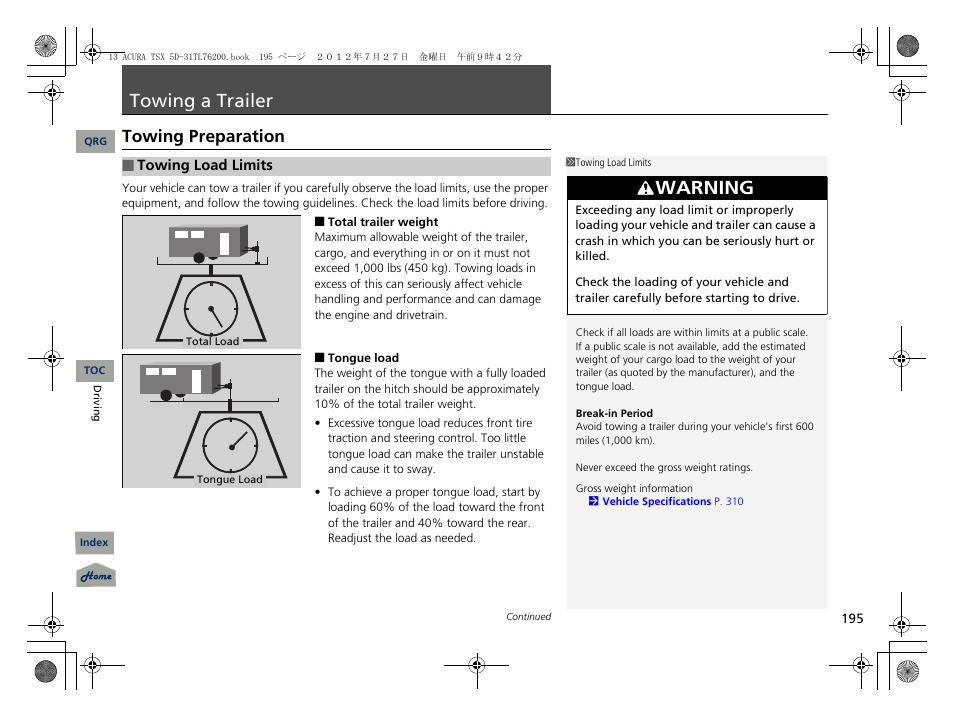 Towing a trailer, Towing preparation, A trailer | P. 195, Warning | Acura 2013 TSX Sport Wagon User Manual | Page 196 / 329