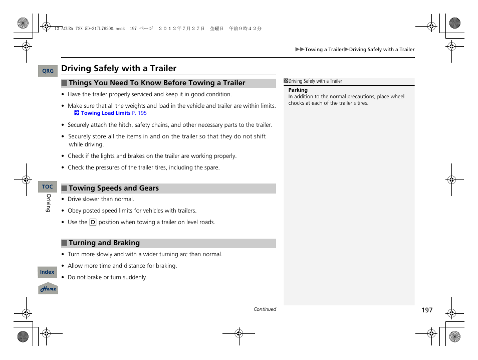 Driving safely with a trailer | Acura 2013 TSX Sport Wagon User Manual | Page 198 / 329