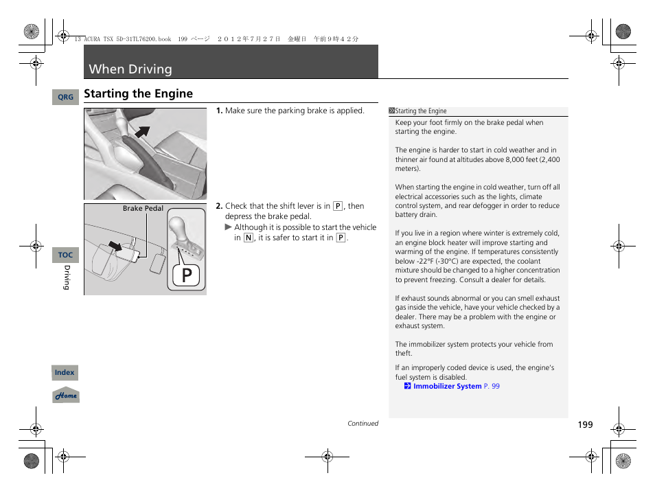When driving, Starting the engine, P. 199 | Acura 2013 TSX Sport Wagon User Manual | Page 200 / 329