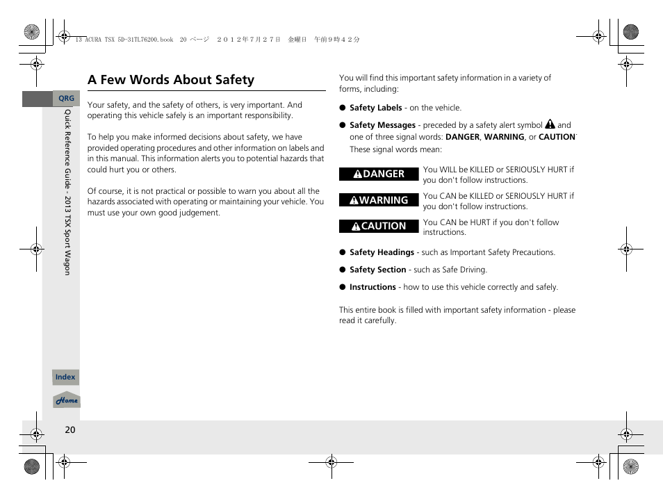A few words about safety | Acura 2013 TSX Sport Wagon User Manual | Page 21 / 329
