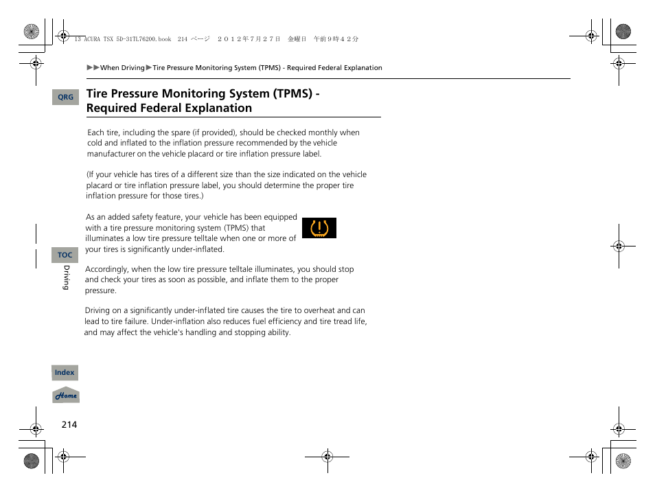 Tpms required federal explanation | Acura 2013 TSX Sport Wagon User Manual | Page 215 / 329