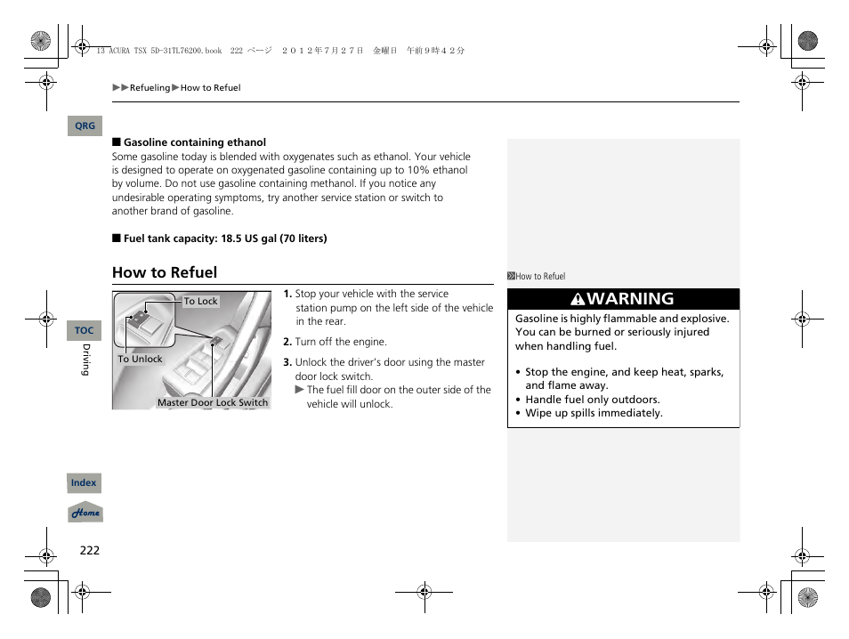 How to refuel, P222), Warning | Acura 2013 TSX Sport Wagon User Manual | Page 223 / 329