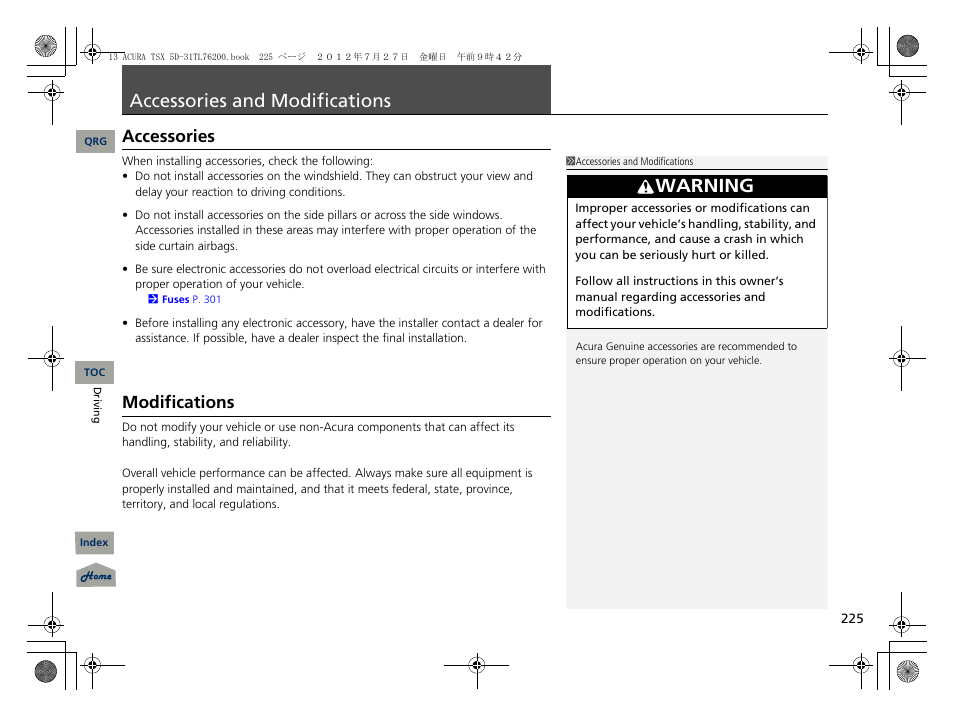 Accessories and modifications, Modifications, P. 225 | Warning, Accessories | Acura 2013 TSX Sport Wagon User Manual | Page 226 / 329