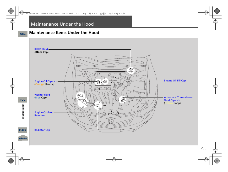 Maintenance under the hood, Maintenance items under the hood, P. 235 | P235), P 235) | Acura 2013 TSX Sport Wagon User Manual | Page 236 / 329