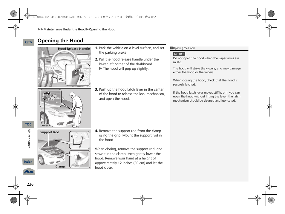 Opening the hood, P 236) | Acura 2013 TSX Sport Wagon User Manual | Page 237 / 329
