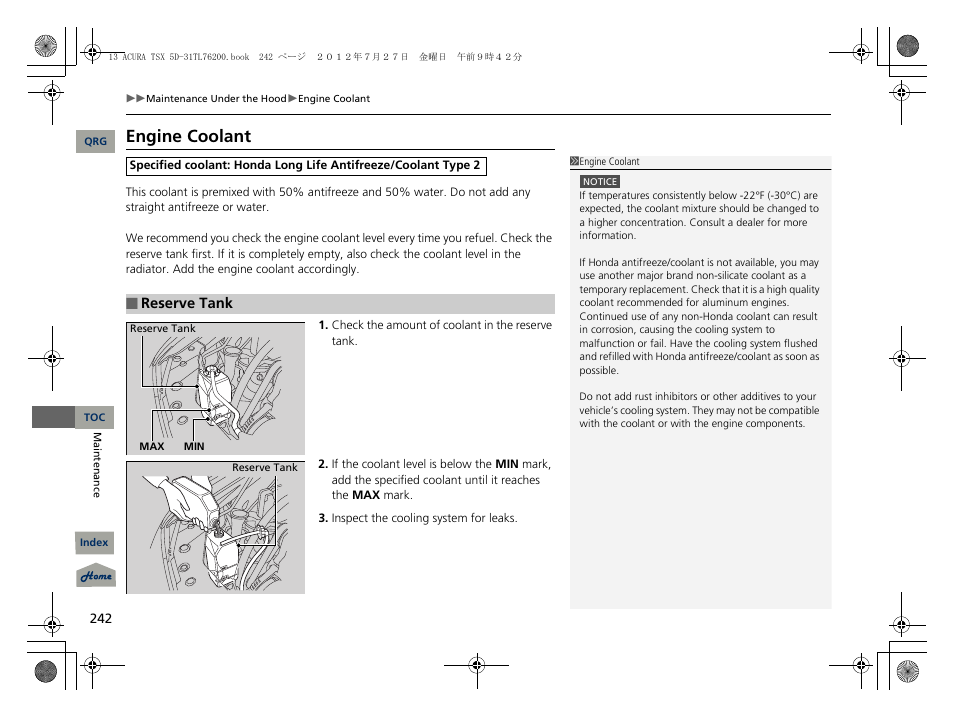 Engine coolant, Engine coolant reservoir | Acura 2013 TSX Sport Wagon User Manual | Page 243 / 329