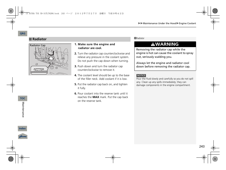 Radiator cap, Warning | Acura 2013 TSX Sport Wagon User Manual | Page 244 / 329