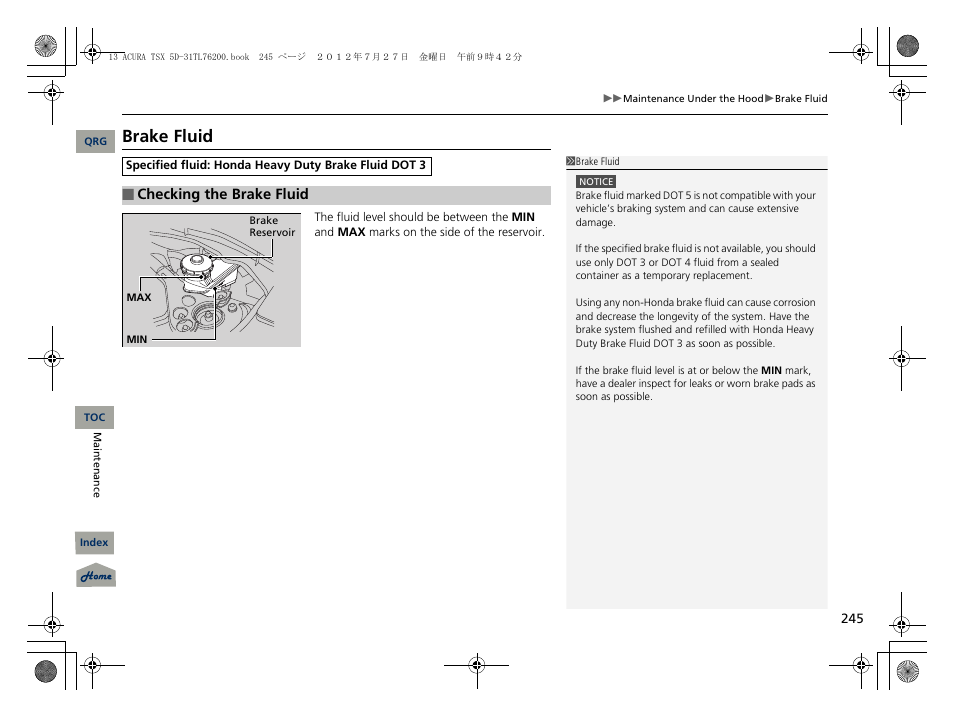 Brake fluid, 2 brake fluid p. 245 | Acura 2013 TSX Sport Wagon User Manual | Page 246 / 329