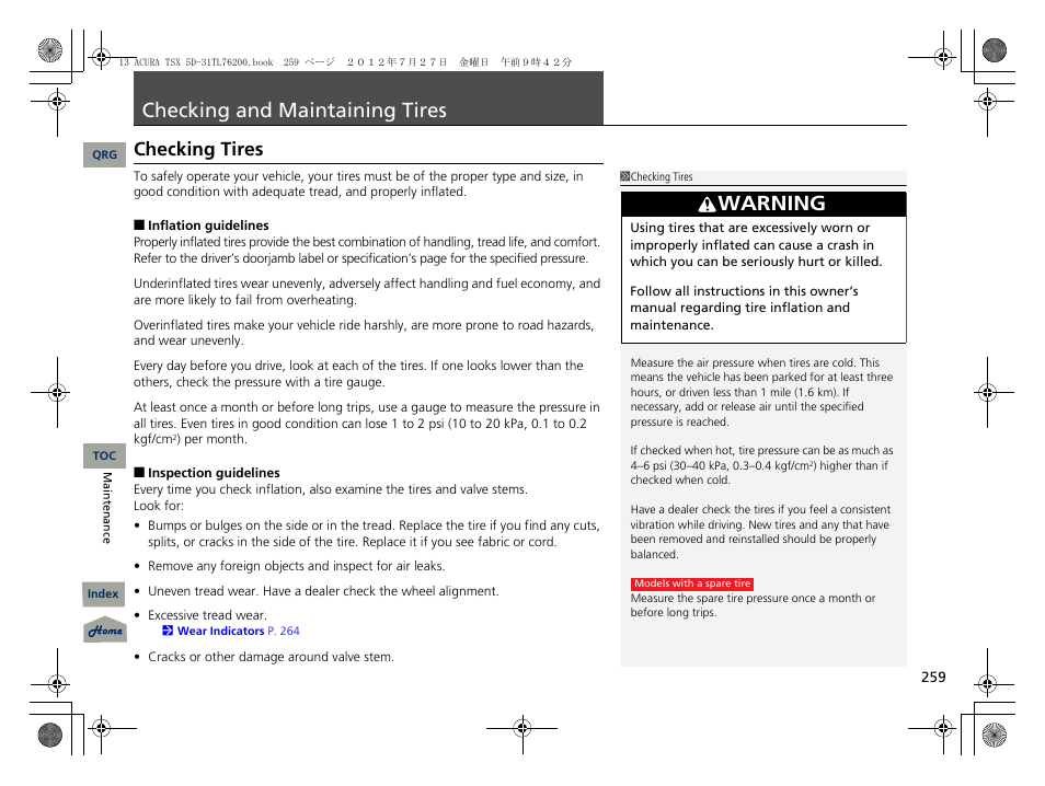 Checking and maintaining tires, Checking tires, P. 259 | P259), 2 checking and maintaining tires p. 259, Warning | Acura 2013 TSX Sport Wagon User Manual | Page 260 / 329