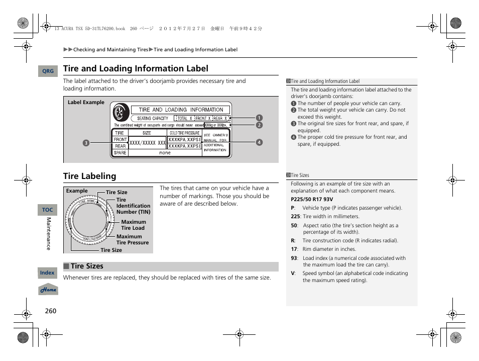 Tire and loading information label, Tire labeling, Tire sizes | Acura 2013 TSX Sport Wagon User Manual | Page 261 / 329