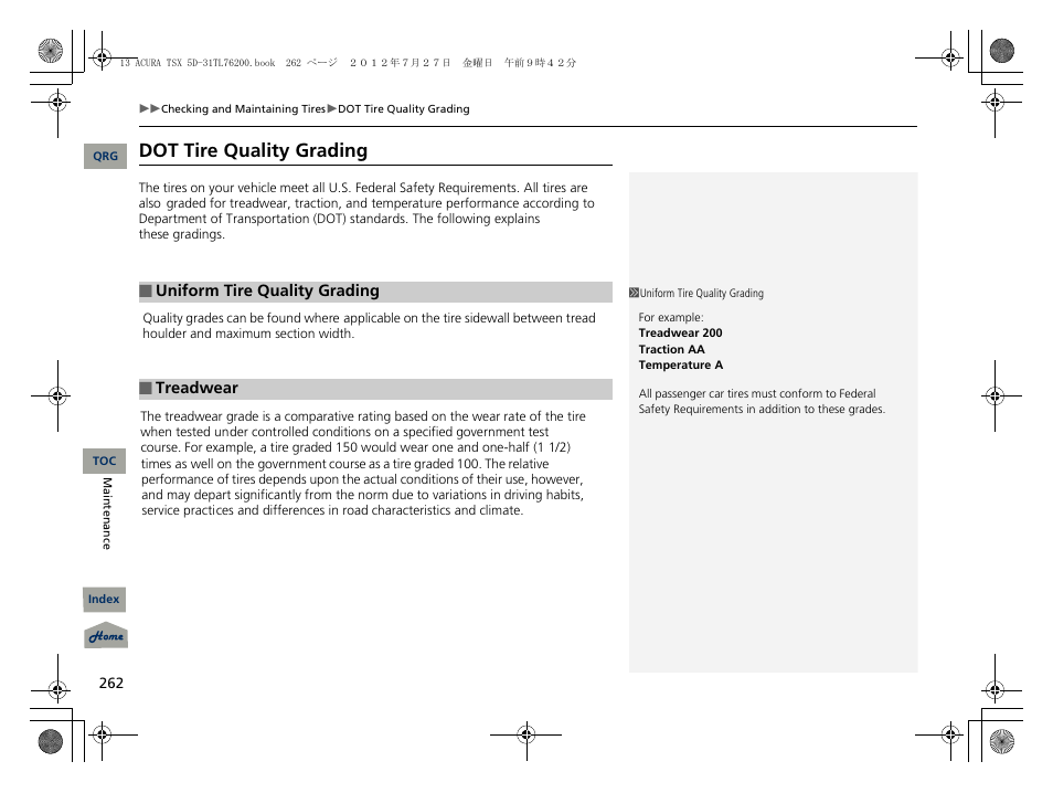 Dot tire quality grading | Acura 2013 TSX Sport Wagon User Manual | Page 263 / 329