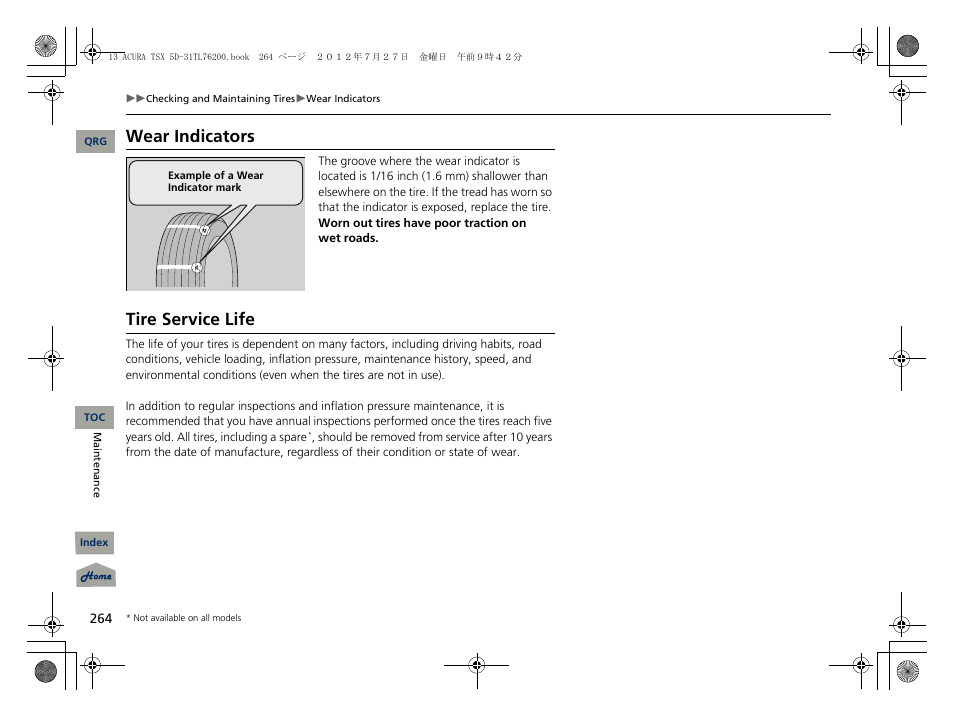 Wear indicators, Tire service life | Acura 2013 TSX Sport Wagon User Manual | Page 265 / 329