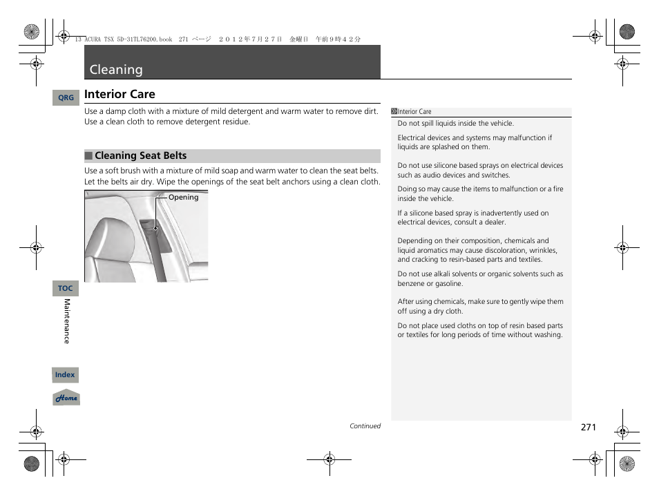 Cleaning, Interior care, P. 271 | Acura 2013 TSX Sport Wagon User Manual | Page 272 / 329