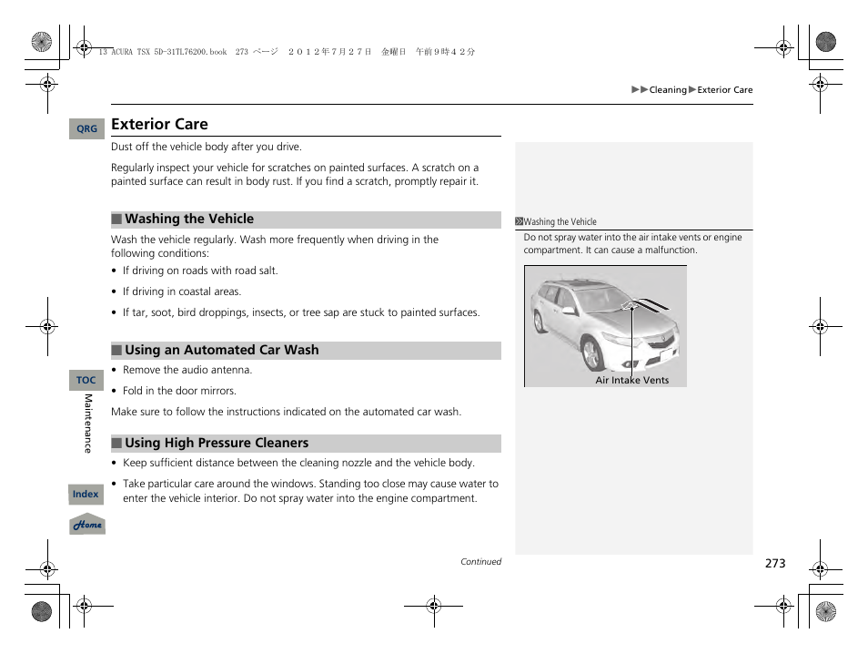 Exterior care | Acura 2013 TSX Sport Wagon User Manual | Page 274 / 329