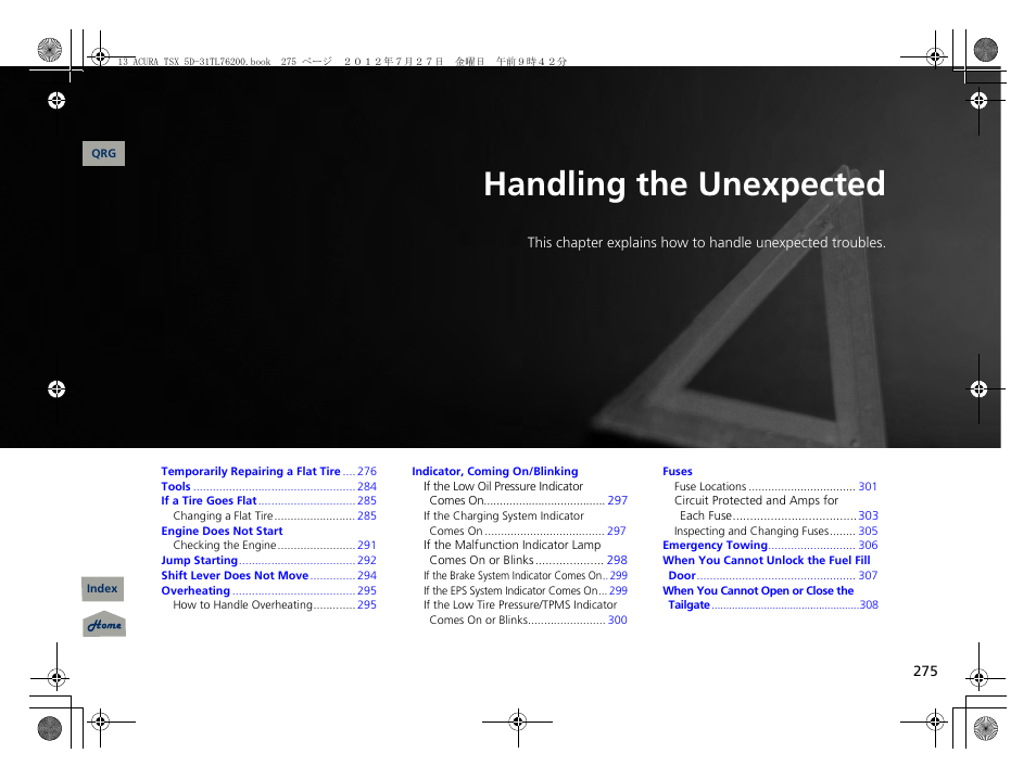 Handling the unexpected, 2 handling the unexpected p. 275, P. 275 | P 275) | Acura 2013 TSX Sport Wagon User Manual | Page 276 / 329