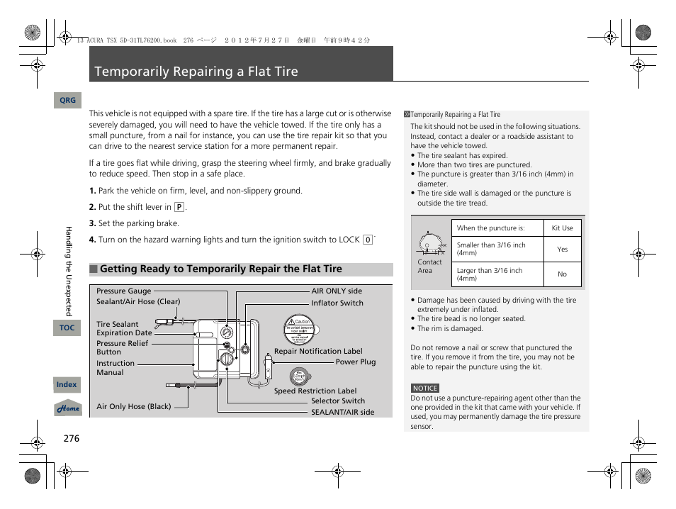Temporarily repairing a flat tire, P. 276, P276) | Acura 2013 TSX Sport Wagon User Manual | Page 277 / 329
