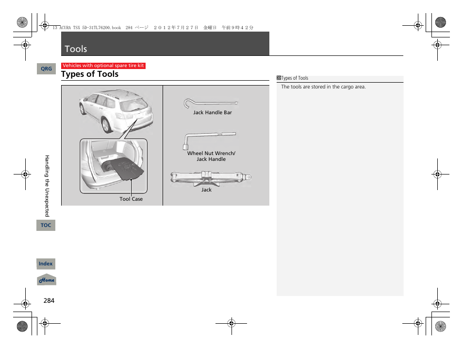 Tools, Types of tools, Ools | P. 284 | Acura 2013 TSX Sport Wagon User Manual | Page 285 / 329