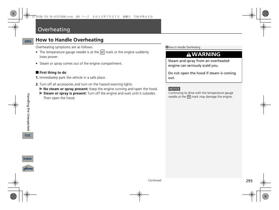 Overheating, How to handle overheating, P. 295 | Ting, P295), 2 overheating p. 295, Warning | Acura 2013 TSX Sport Wagon User Manual | Page 296 / 329