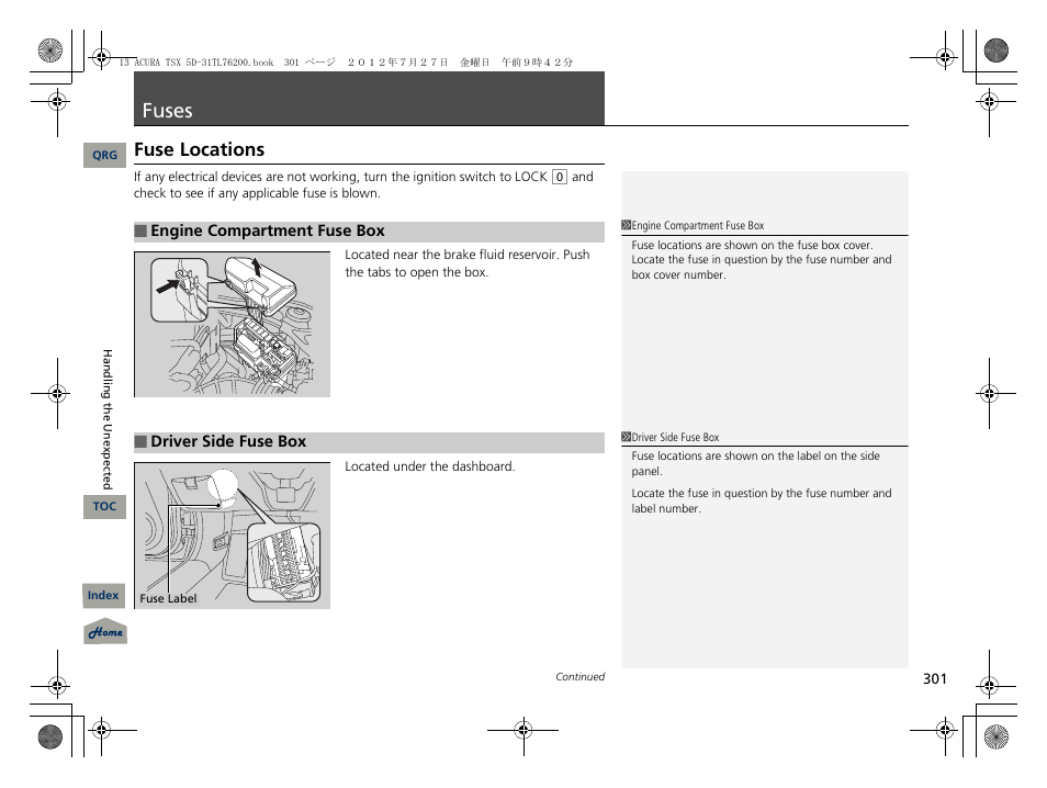 Fuses, Fuse locations, P. 301 | P301) | Acura 2013 TSX Sport Wagon User Manual | Page 302 / 329