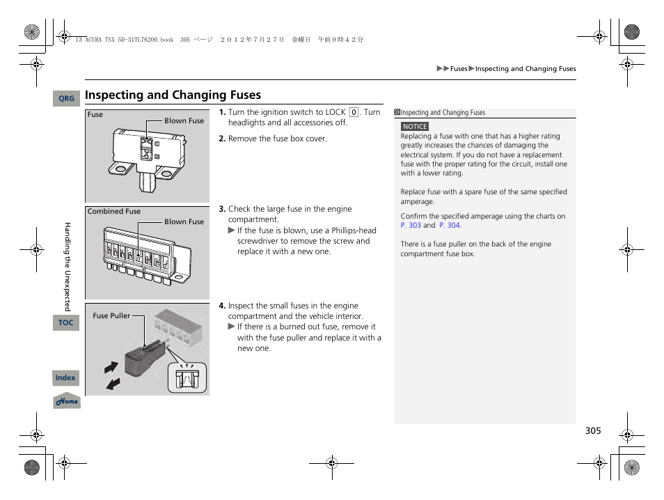 Inspecting and changing fuses, Normally, 2 inspecting and changing fuses p. 305 | Acura 2013 TSX Sport Wagon User Manual | Page 306 / 329