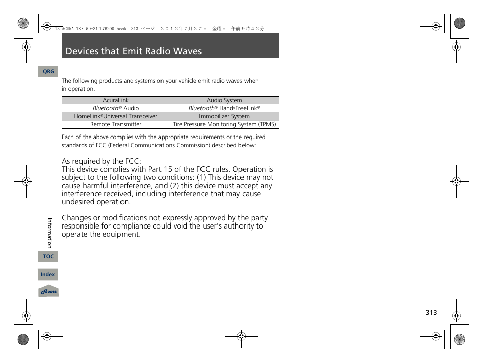 Devices that emit radio waves, P. 313 | Acura 2013 TSX Sport Wagon User Manual | Page 314 / 329