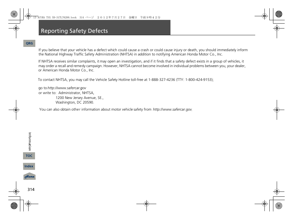 Reporting safety defects, S p. 314 | Acura 2013 TSX Sport Wagon User Manual | Page 315 / 329
