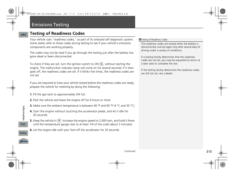 Emissions testing, Testing of readiness codes, P. 315 | 2 testing of readiness codes p. 315 | Acura 2013 TSX Sport Wagon User Manual | Page 316 / 329
