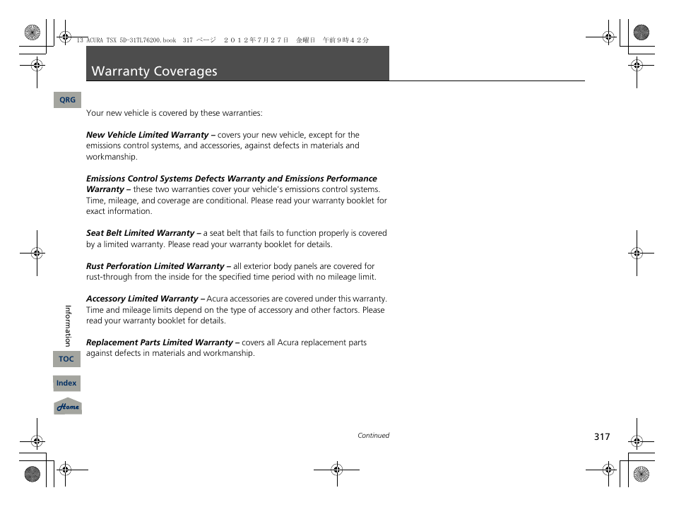 Warranty coverages, P. 317 | Acura 2013 TSX Sport Wagon User Manual | Page 318 / 329