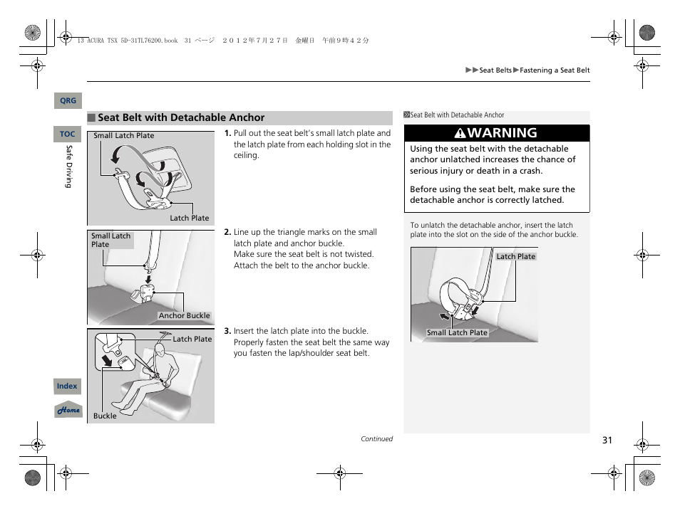 P31), Warning | Acura 2013 TSX Sport Wagon User Manual | Page 32 / 329