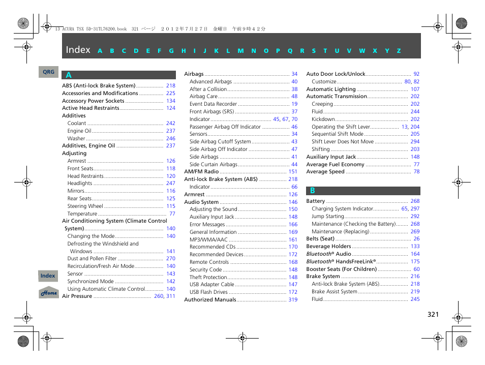Index, P. 321, Index a | Acura 2013 TSX Sport Wagon User Manual | Page 322 / 329