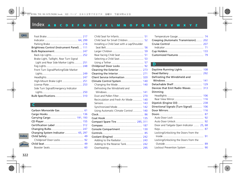 Index | Acura 2013 TSX Sport Wagon User Manual | Page 323 / 329