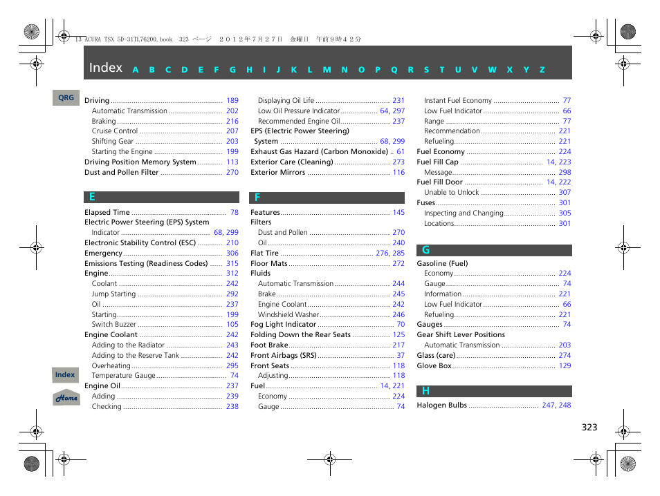 E f g h, Index, Ef g h | Acura 2013 TSX Sport Wagon User Manual | Page 324 / 329