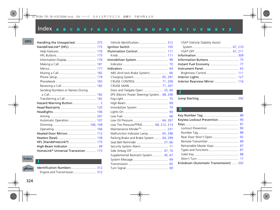 I j k, Index, Ij k | Acura 2013 TSX Sport Wagon User Manual | Page 325 / 329
