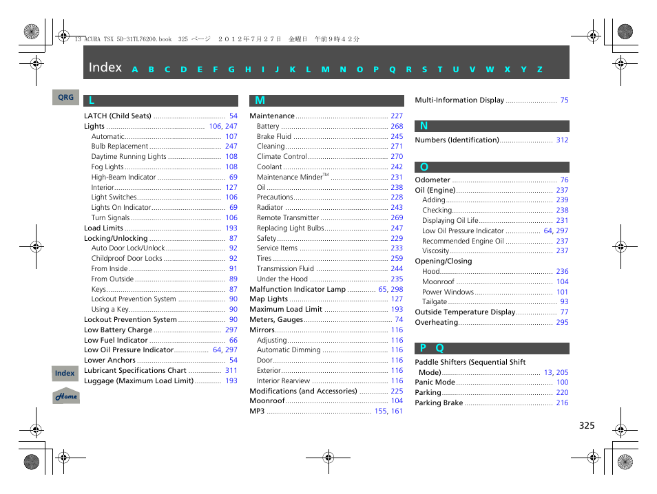 L m n o p q, Index | Acura 2013 TSX Sport Wagon User Manual | Page 326 / 329