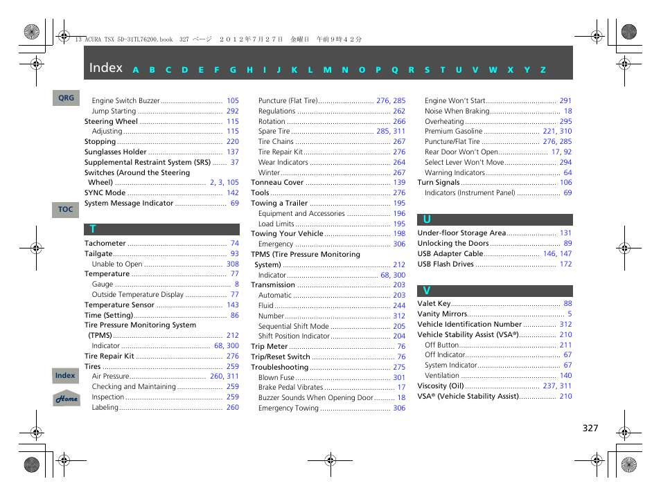 T u v, Index, Tu v | Acura 2013 TSX Sport Wagon User Manual | Page 328 / 329