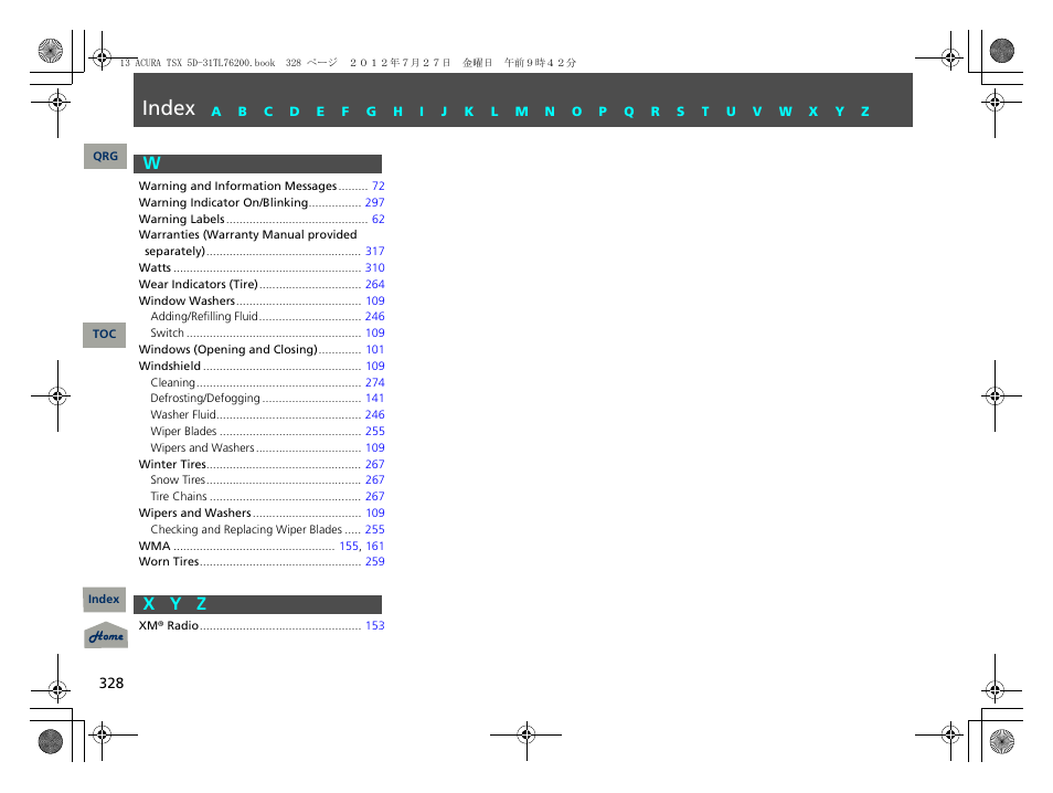 W x y z, Index, Wx y z | Acura 2013 TSX Sport Wagon User Manual | Page 329 / 329