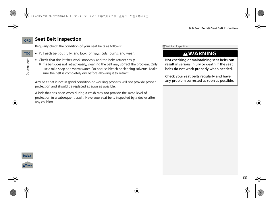 Seat belt inspection, Warning | Acura 2013 TSX Sport Wagon User Manual | Page 34 / 329
