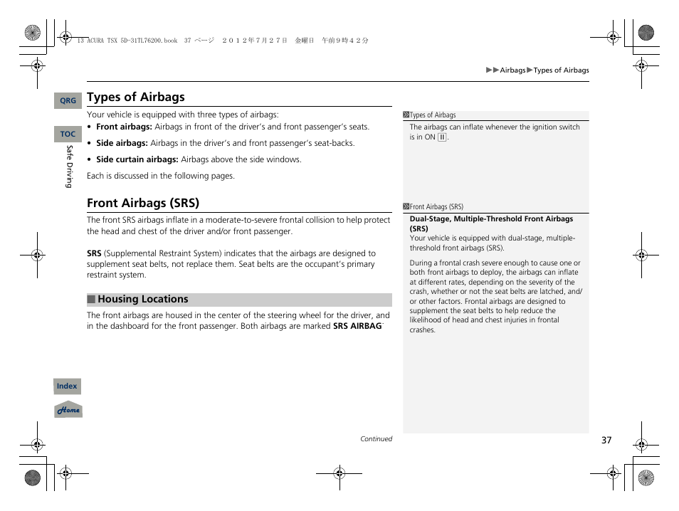 Types of airbags, Front airbags (srs), P37) | Acura 2013 TSX Sport Wagon User Manual | Page 38 / 329