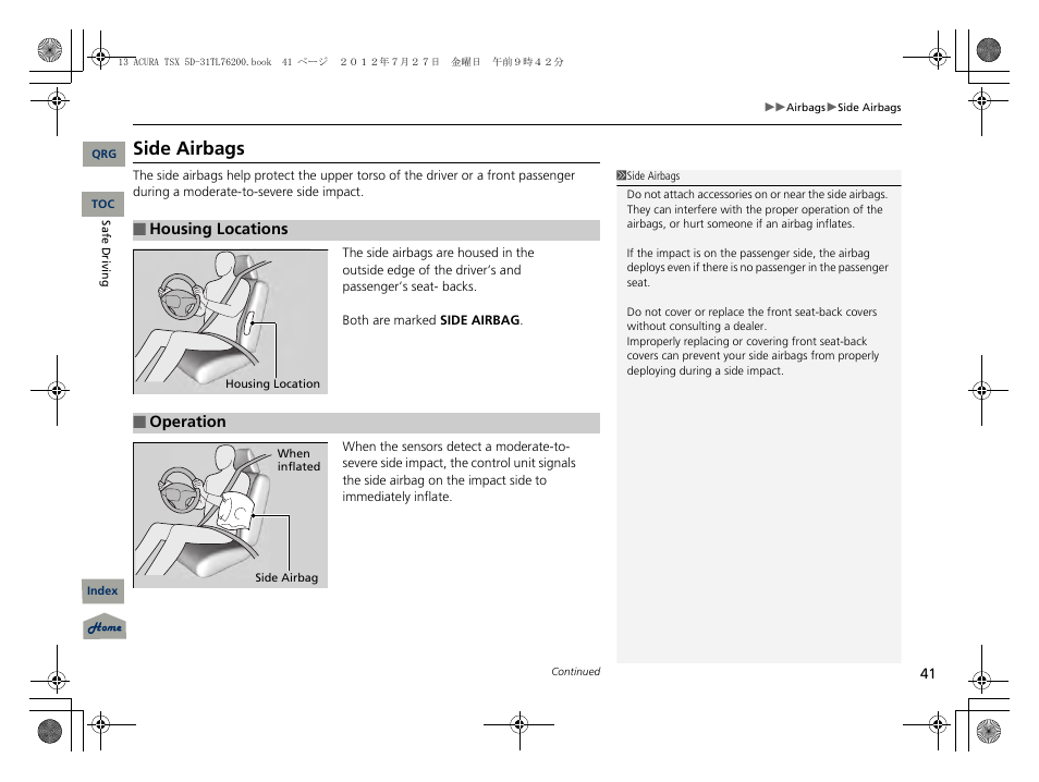 Side airbags, P41) | Acura 2013 TSX Sport Wagon User Manual | Page 42 / 329