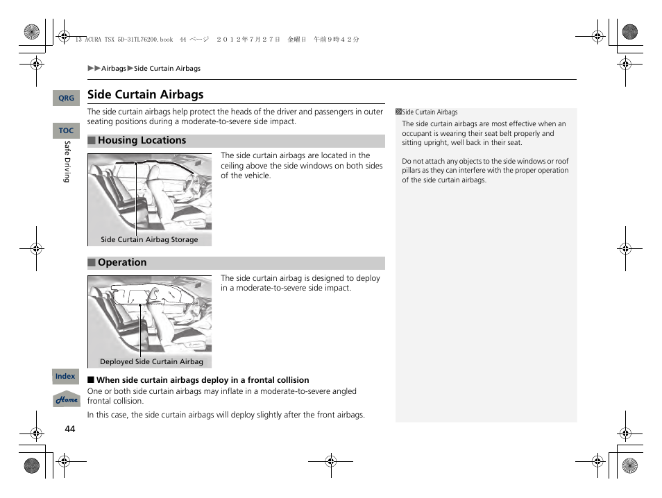 Side curtain airbags, P44) | Acura 2013 TSX Sport Wagon User Manual | Page 45 / 329