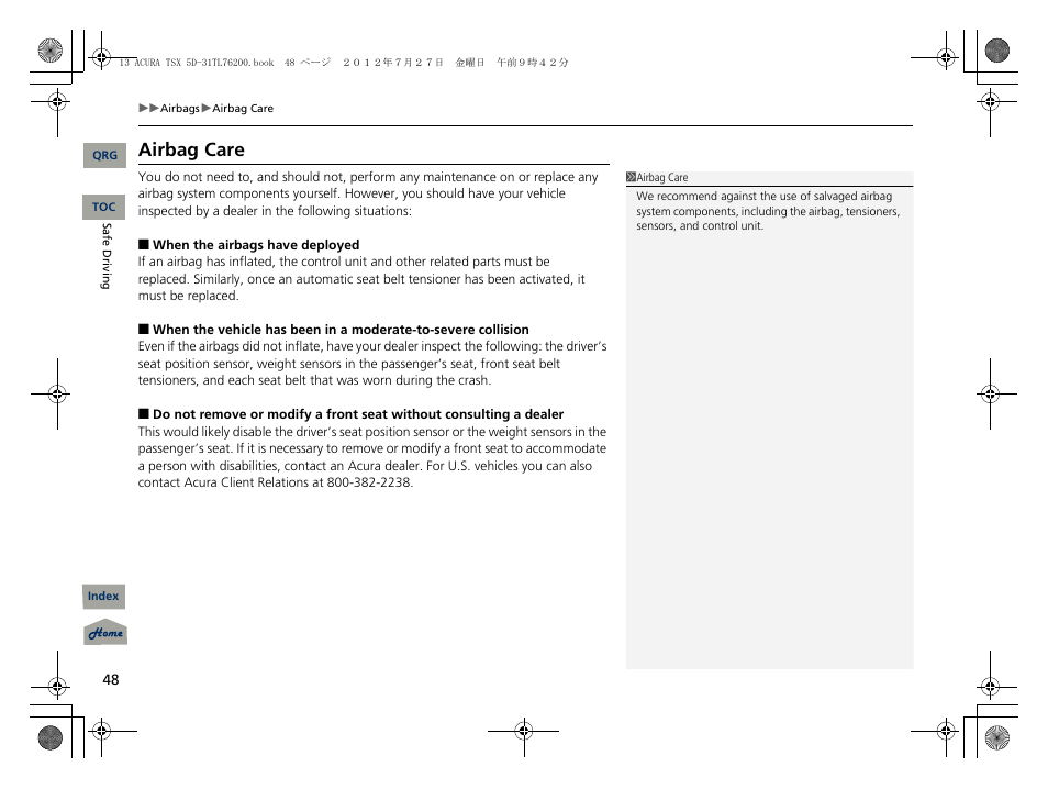 Airbag care | Acura 2013 TSX Sport Wagon User Manual | Page 49 / 329
