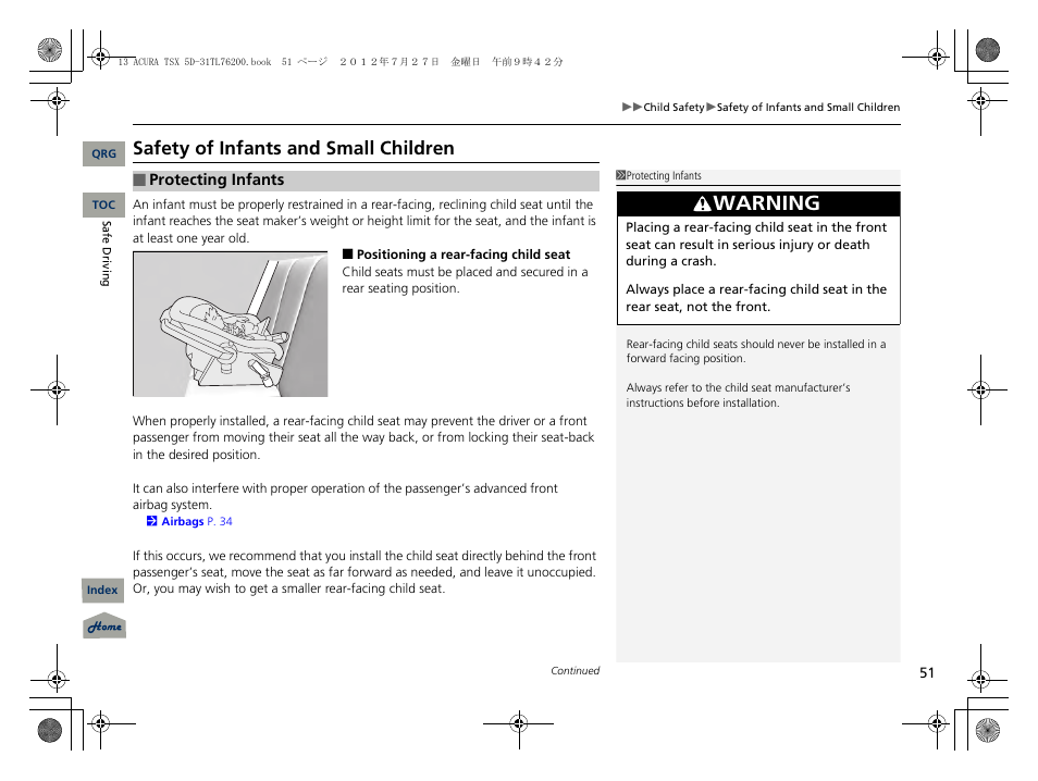 Safety of infants and small children, Warning | Acura 2013 TSX Sport Wagon User Manual | Page 52 / 329