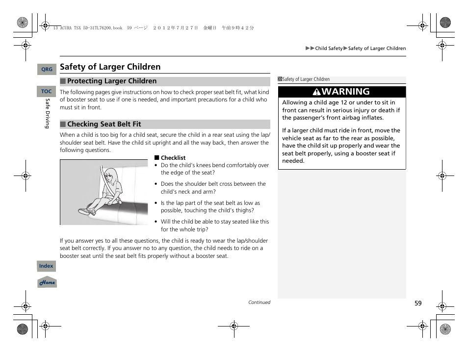 Safety of larger children, Warning | Acura 2013 TSX Sport Wagon User Manual | Page 60 / 329